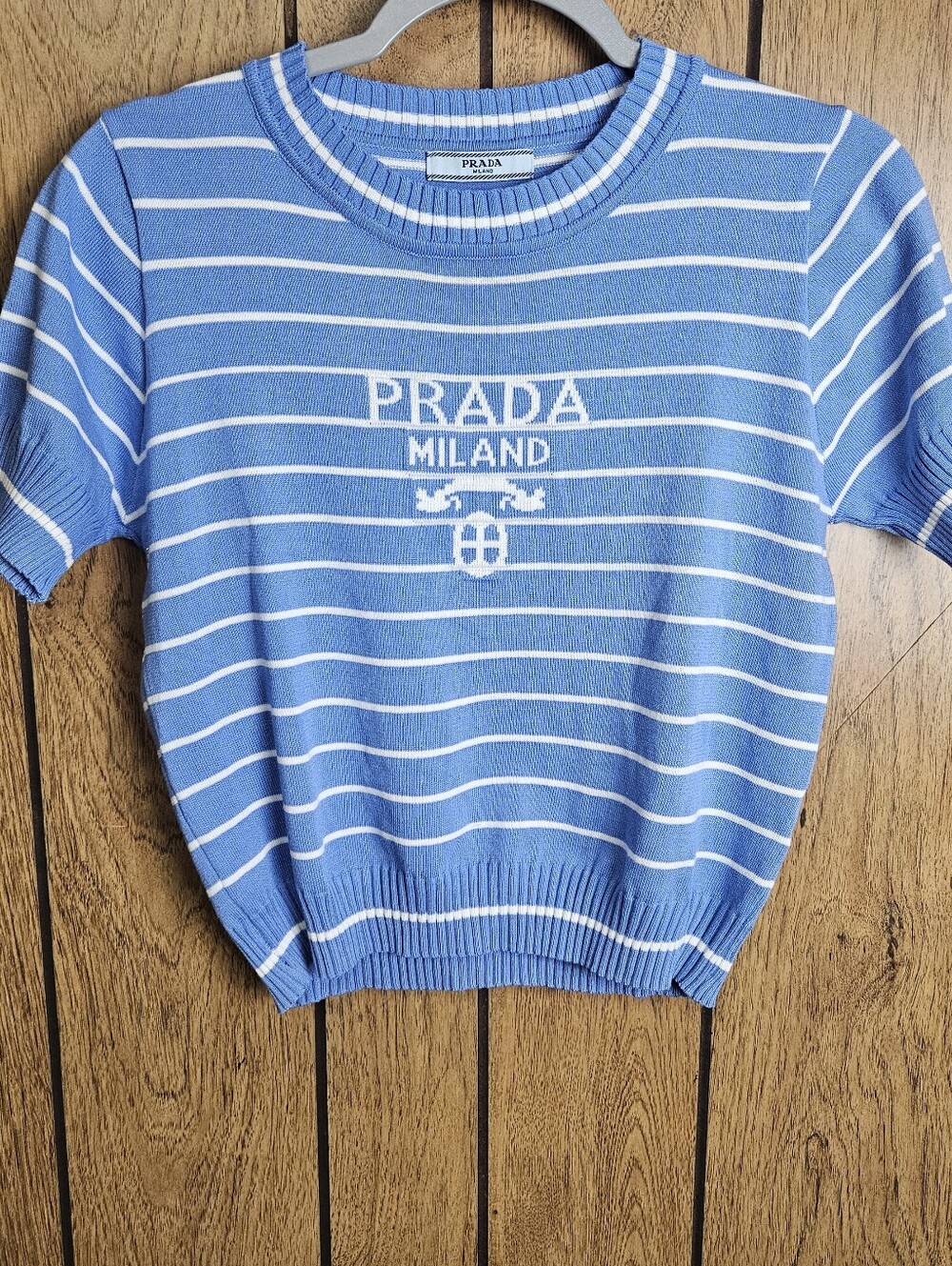 Prada Blue/White Striped Knit Cotton Short Sleeve Crewneck Sweater Logo S/M